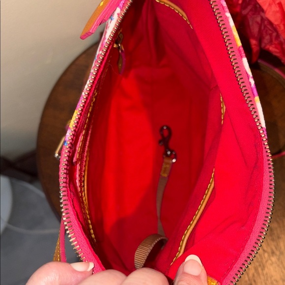 Dooney & Bourke Pink & Red Floral Crossbody Bag/tan leather trim S-M size EUC - Picture 14 of 17